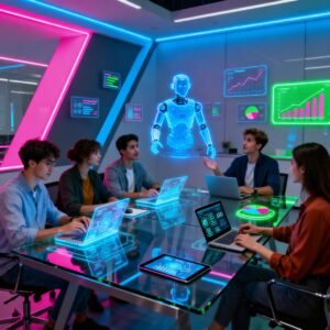 business strategy transformation with AI, digital tools, graphs, team collaboration, futuristic office setting, vibrant colors