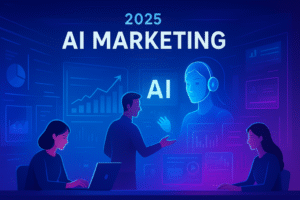 A futuristic marketing command center glowing with holographic screens showing analytics, customer data, and AI-generated content. Marketers collaborate with intelligent virtual assistants surrounded by graphs, charts, and digital ads. The colors are bright and modern—blues, purples, and neon highlights—symbolizing innovation, speed, and connection. The overall mood feels energetic, tech-forward, and creative, showing how AI empowers marketers in 2025.