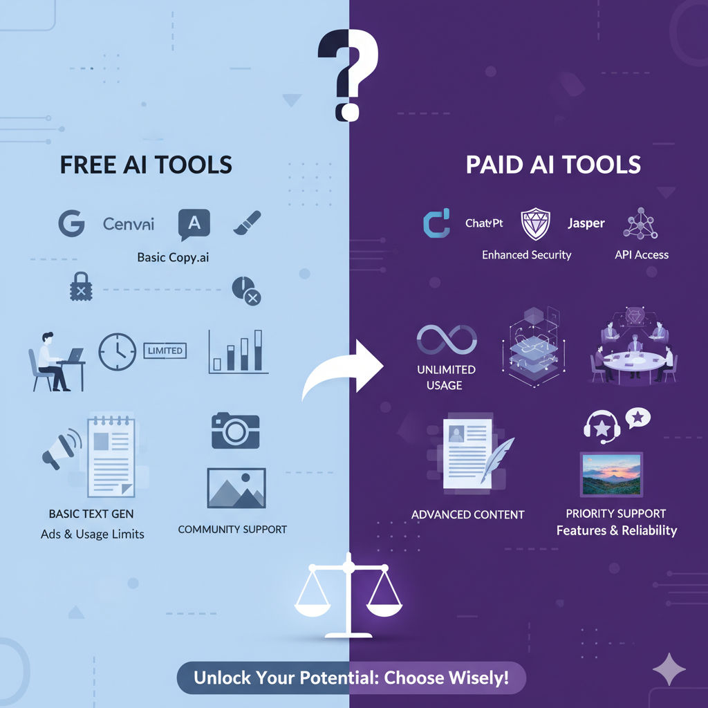  an illustration comparing the functionalities and benefits of free versus paid AI tools